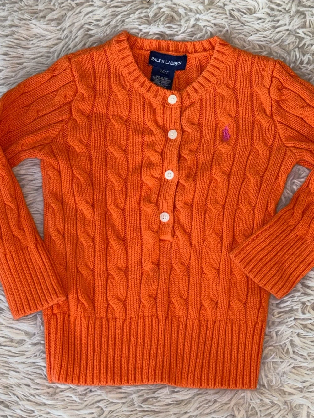 🐎 Ralph Lauren Bright Orange Cable-Knit Button Pullover 2/2T